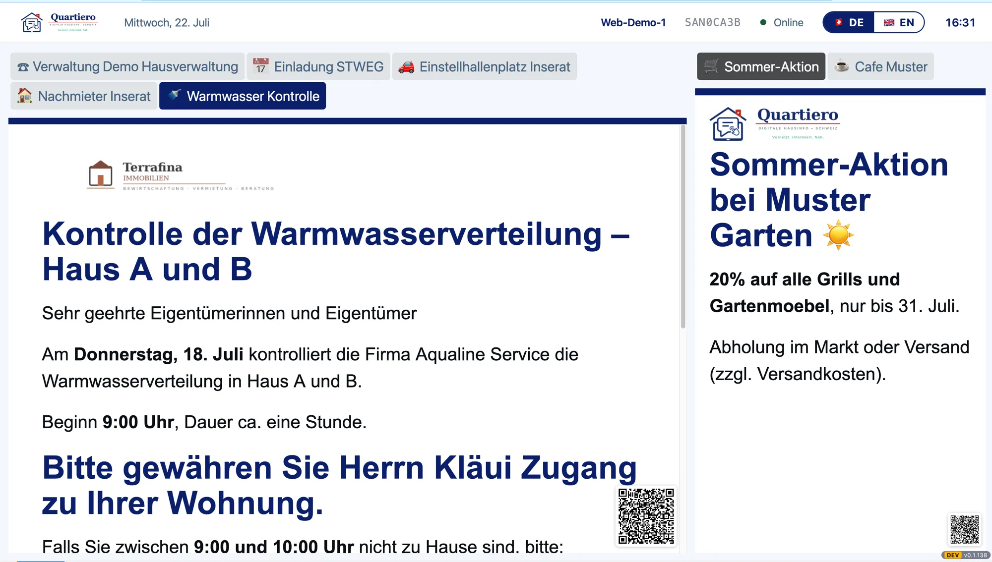 Quartiero-Bildschirm mit Hausinfo im Treppenhaus